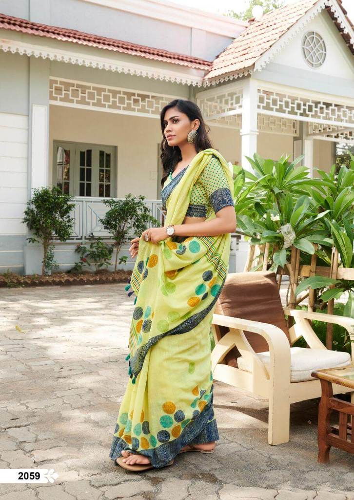 Linen Jasan Yellow Saree, Printed Casual Wear