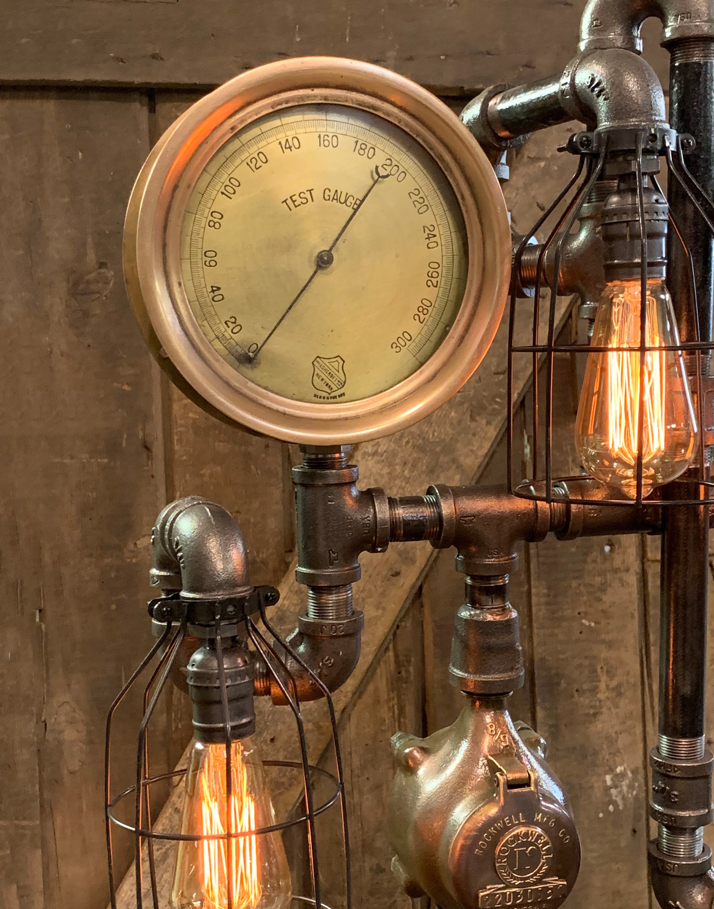 Steampunk Industrial / Machine Age Lamp / 8" Antique Steam Gauge / Railroad  /  Lamp #3116