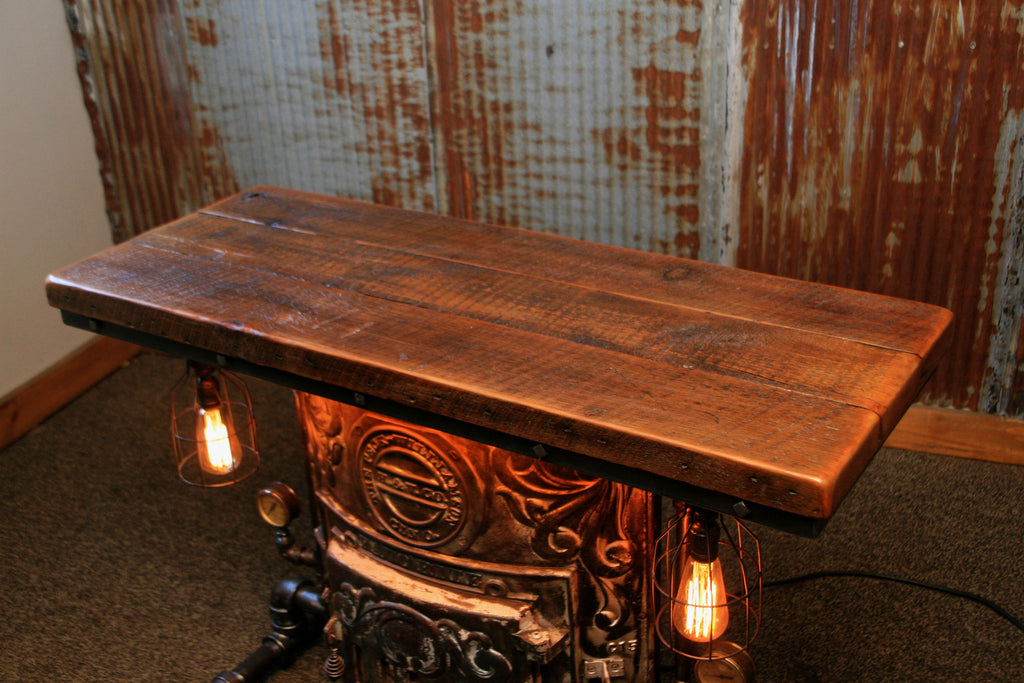 Steampunk Industrial Antique Stove Boiler Door Table Barn Wood Top 1