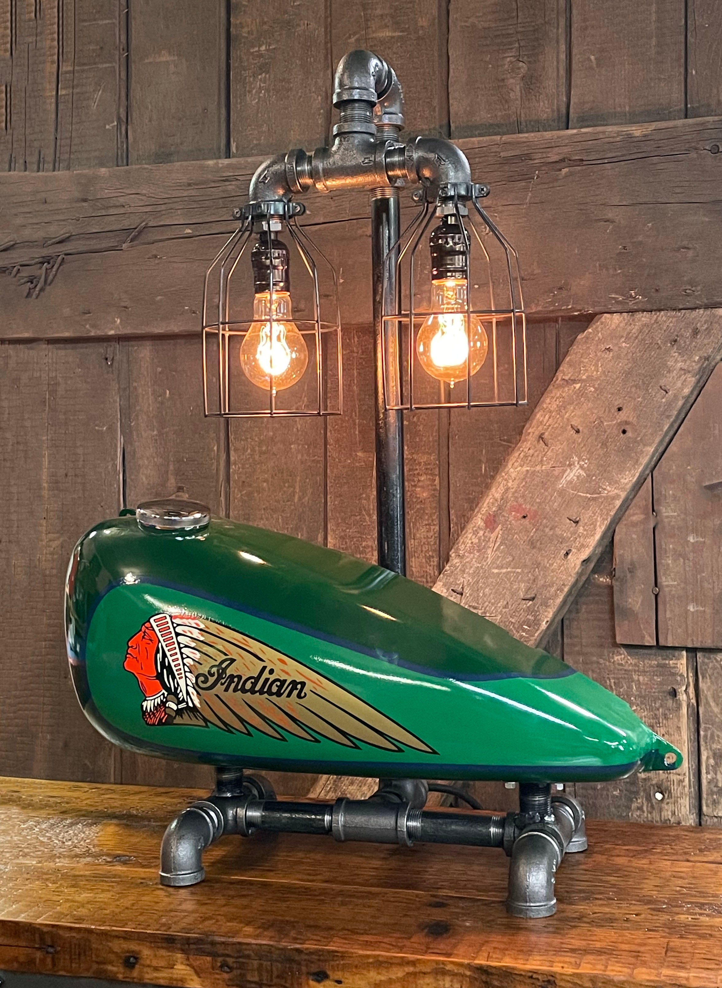 Steampunk Industrial / 1930 s Indian Scout Gas Tank Lamp / Motorcycle Lamp / Green / #3462