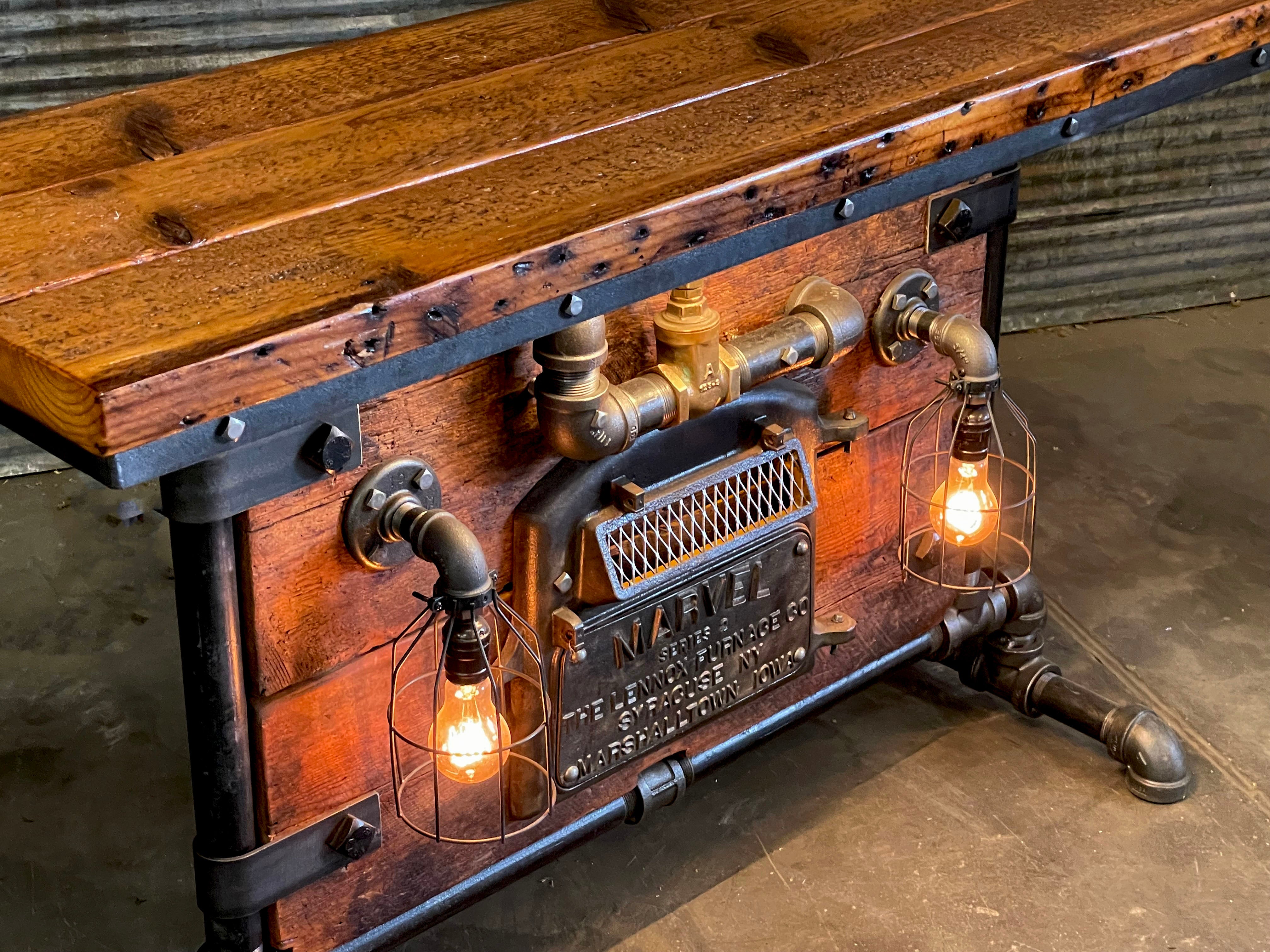 Steampunk Industrial Table / Pub, sofa console / 50" / Antique Furnace Door / Steam Gauge / Barnwood / Table #3550