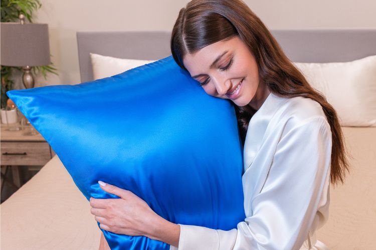 woman with azure blissy pillowcase