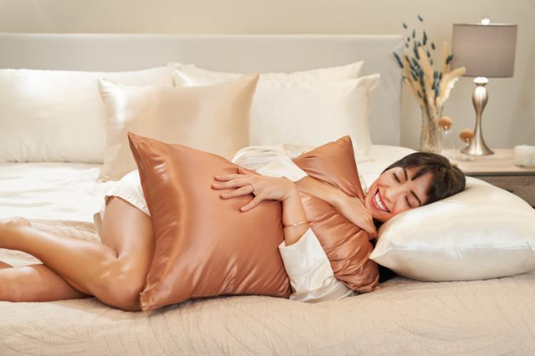 woman feeling hypoallergenic fabric pillow