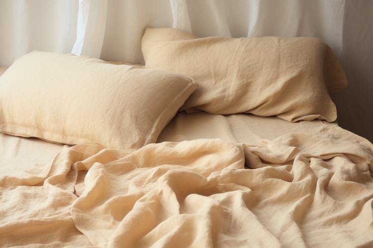 bed with organic linen queen sheets