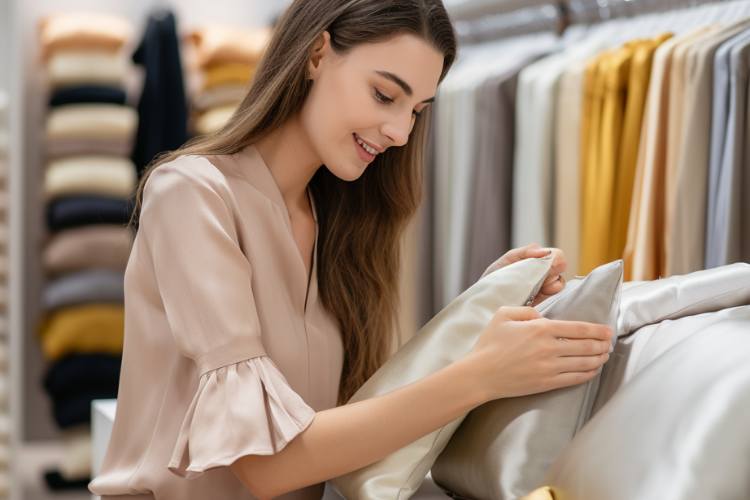 woman shopping for blissy and other pillowcases