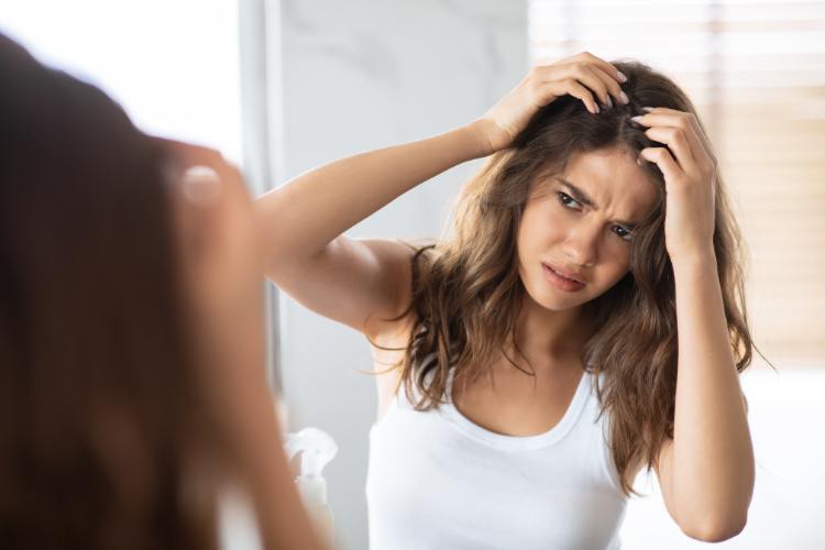 traveler looking at her hair