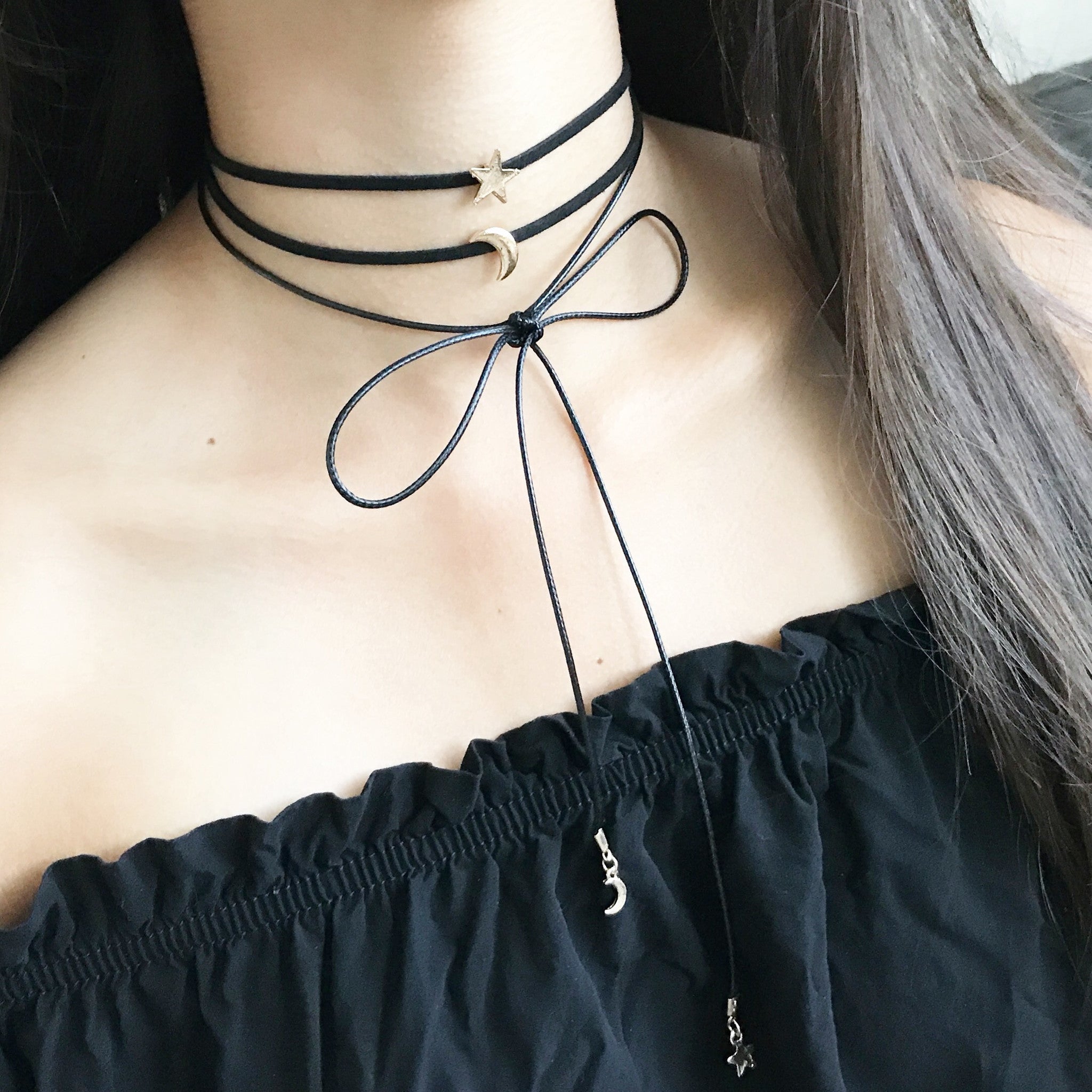 Moon & star bow choker necklace - Imsmistyle