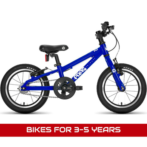 Bikes for 3-5 years featuring a Frog 40 electric blue 14" wheel lightweight hybrid bike.