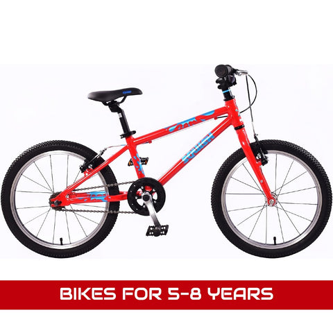 Bikes for 5-8 years featuring a Squish 18 red 18" wheel lightweight hybrid bike.