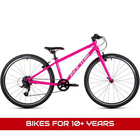 Bikes for 10+ years featuring a Forme Kinder MX26 neon pink 26" wheel 8-speed lightweight hybrid bike.