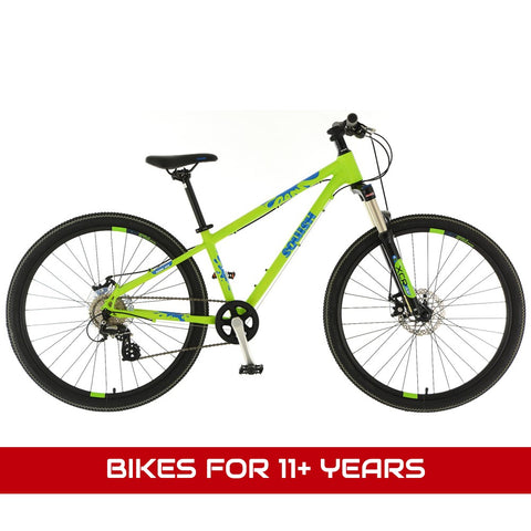 Bikes for 11+ years featuring a Squish 26 MTB lime green 26" wheel 8-speed lightweight front suspension mountain bike.