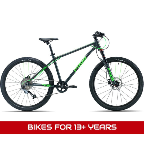 Bikes for 13+ years featuring a Frog MTB 72 metallic grey and neon green 26" wheel 9-speed lightweight front suspension mountain bike.