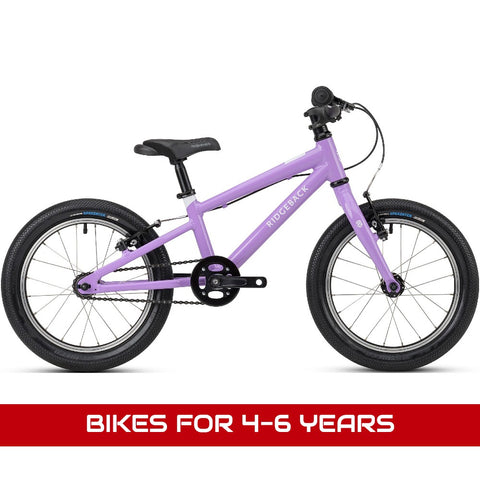 Bikes for 4-6 years featuring a Ridgeback Dimension 16 lilac 16" wheel lightweight hybrid bike.