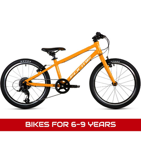 Bikes for 6-9 years featuring a Forme Kinder MX20 orange 20" wheel 8-speed lightweight hybrid bike.