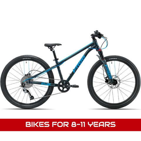 Bikes for 8-11 years featuring a Frog MTB 62 metallic grey and neon blue 24" wheel 9-speed lightweight front suspension mountain bike.