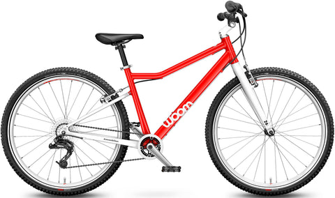 Woom 6 red 26 inch wheel 8 speed ultralight kids' bike.
