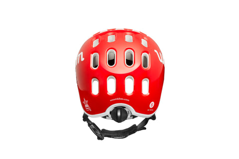 Rear view of the Woom kids helmet showing the size-adjustment dial.