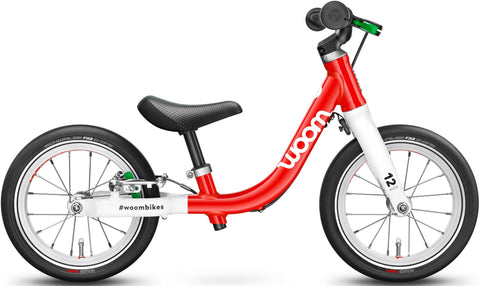 Woom 1 red 12 inch wheel ultralight children's balance bike.