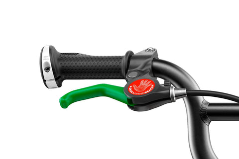 Woom eye-catching green brake lever with ergonomic lock-on grip.