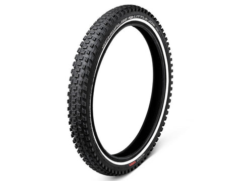 Schwalbe Little Joe 'Woom Edition' tyres with K-Guard and reflective stripe.