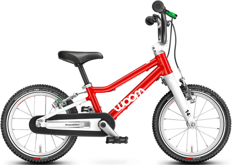 Woom 2 red 14 inch wheel ultralight children's bike.