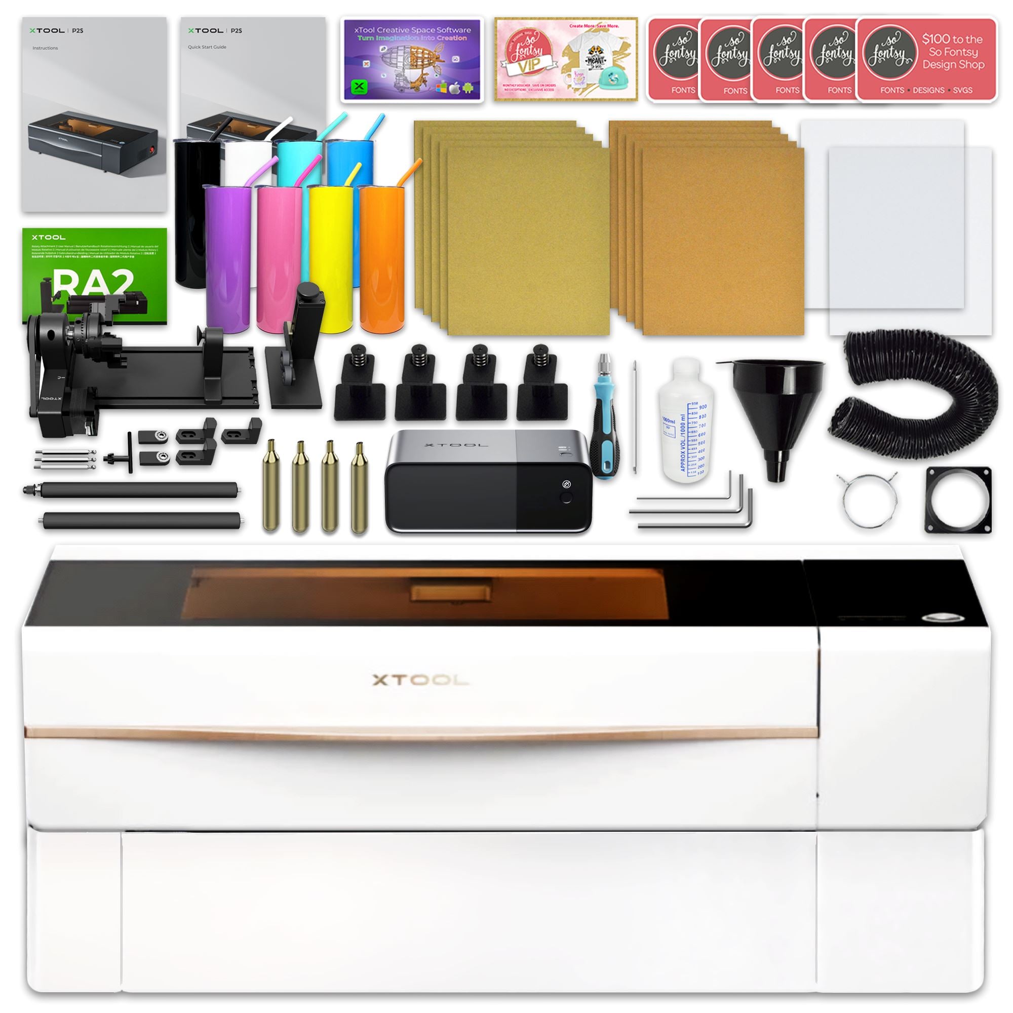 xTool P2S 55W CO2 Laser Cutter & Engraver Riser & Rotary Bundle - White