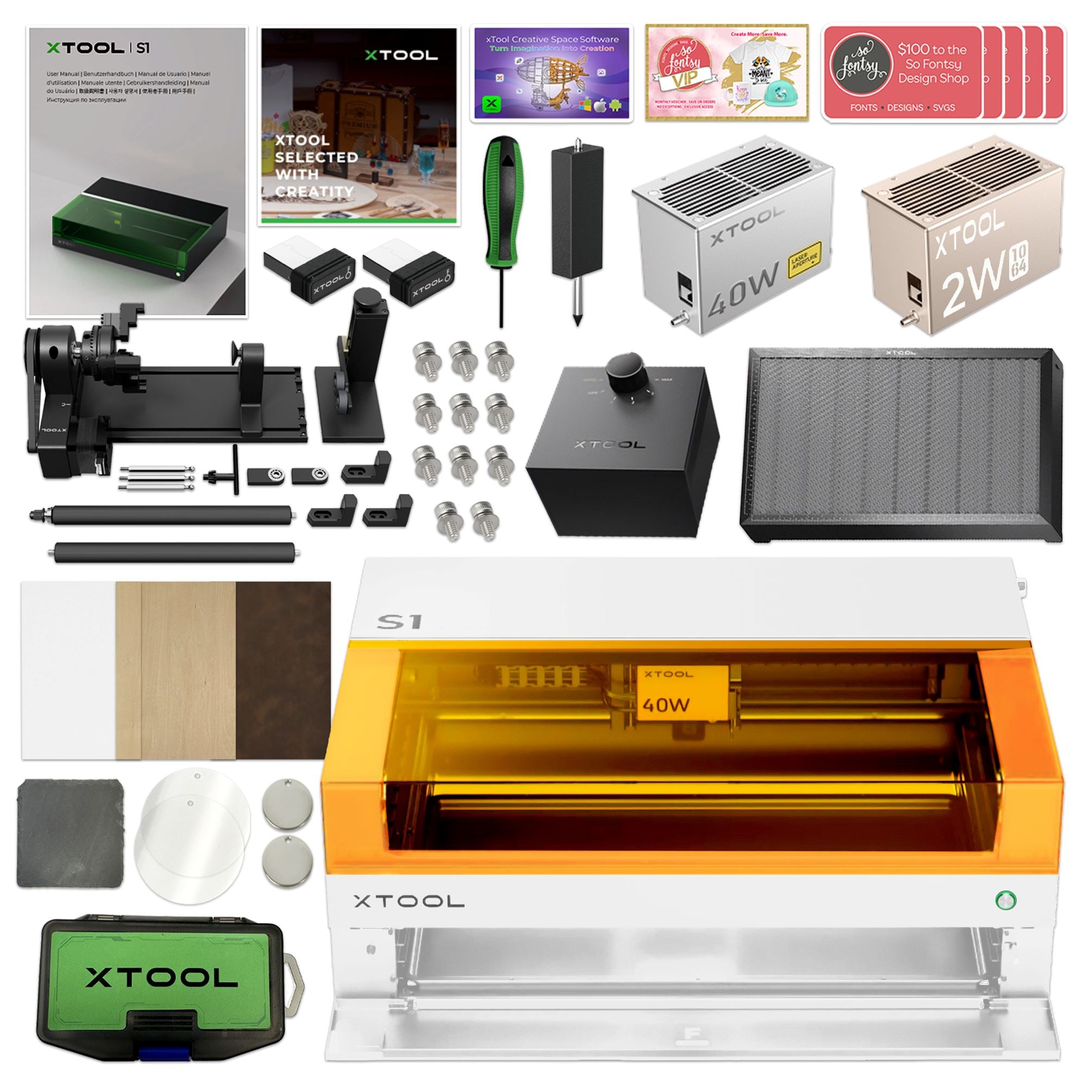 xTool S1 Laser Cutter & Engraver Bundle w/ IR Laser Engraving Kit - White