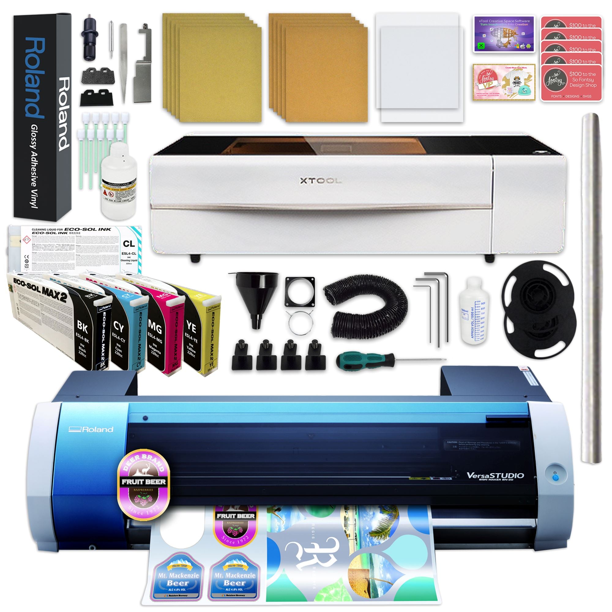 xTool White P2 55W CO2 Laser Cutter with Roland BN-20A Solvent Printer