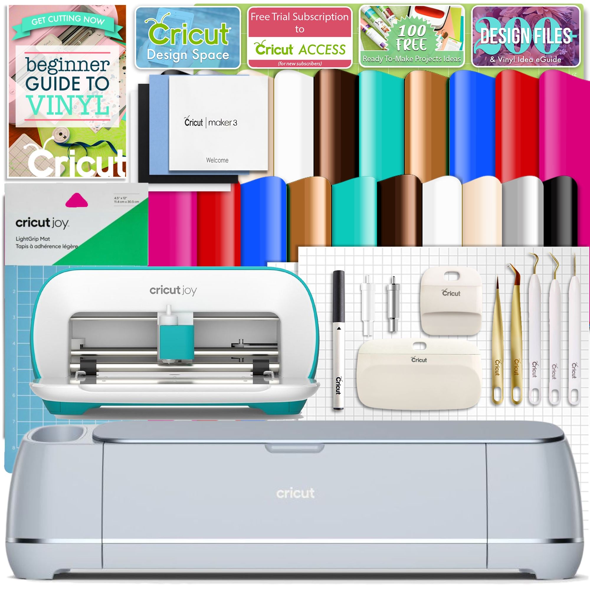 Cricut Explore 3 Starter Bundle - with 3 Rolls of Cricut Smart Vinyl in  Red, Yellow, and Gold