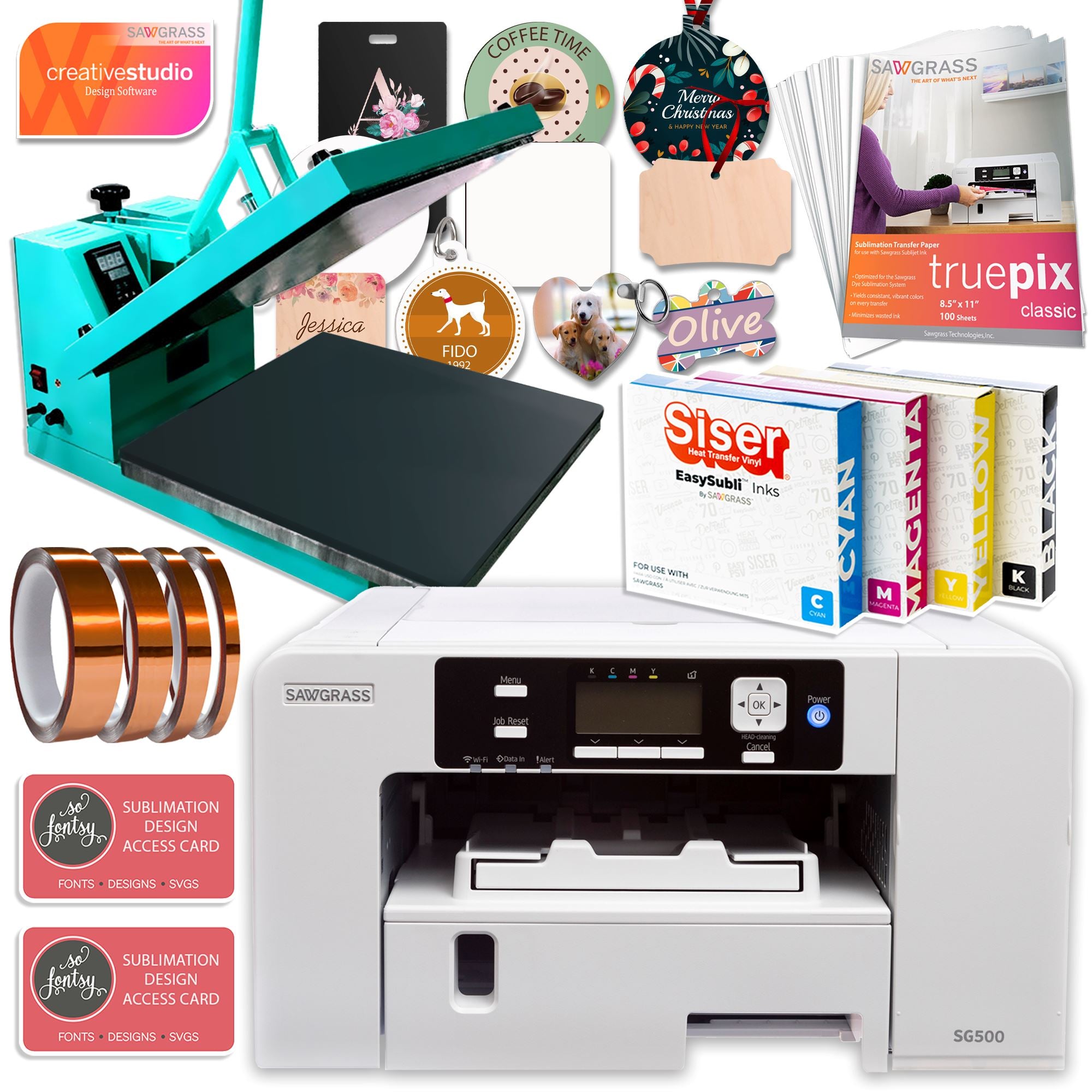 Sawgrass Virtuoso SG500 Sublimation Printer & 15 Turquoise Heat Press Bundle - Starter Ink Set - 20ml