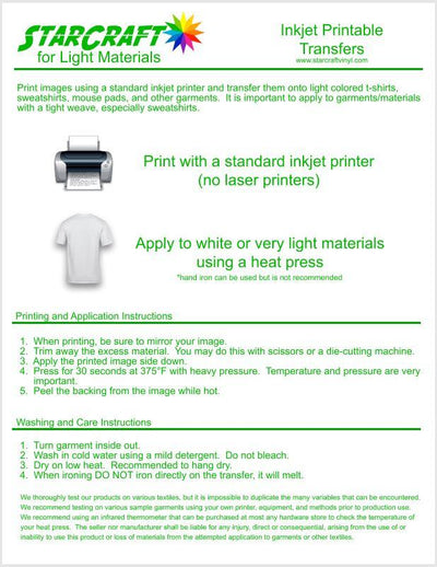 StarCraft Inkjet Printable Heat Transfer 25 Sheets Light Material