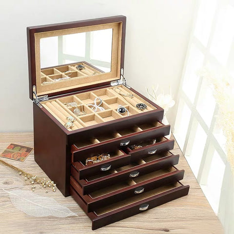 VINTAGE 6 LAYERS WOODEN JEWELRY BOX WITH MIRROR HIGH CAPACITY JEWELLERY ORGANIZER BOX