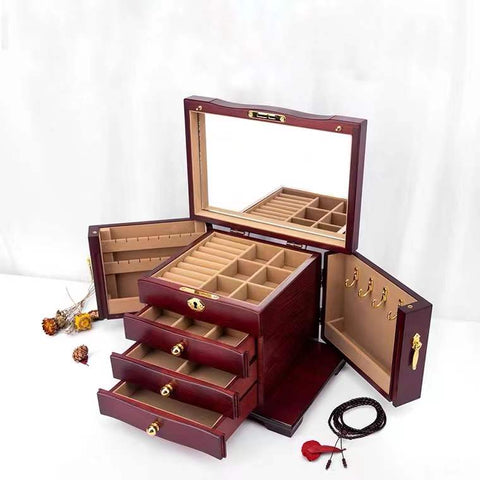 Hardwood Large Wooden Jewelry Box Organizer with Mirror and Lock. Swin ...