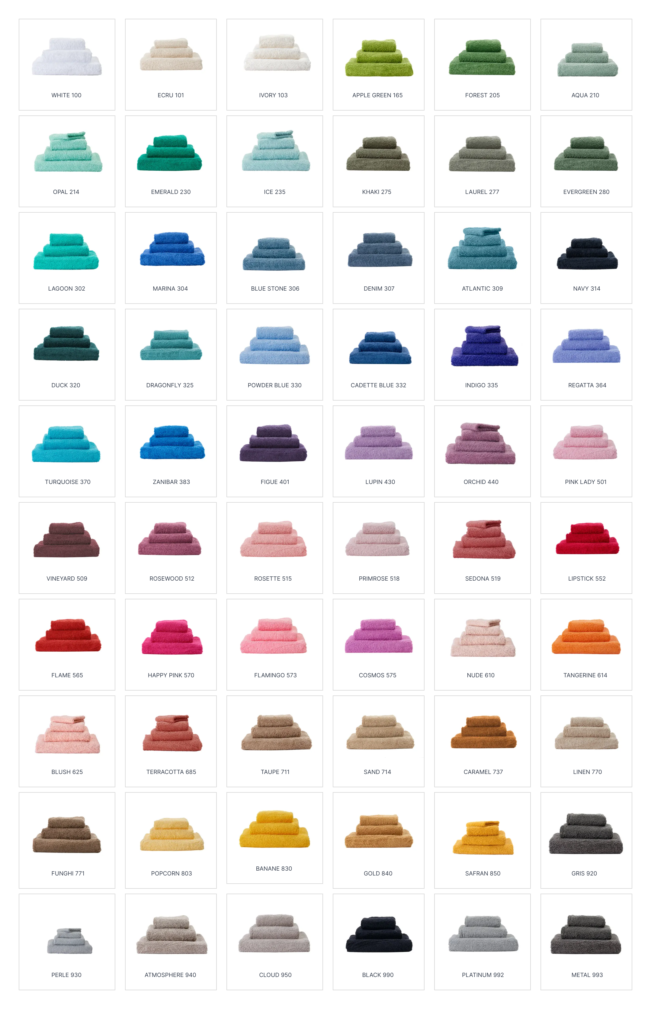 Colour chart for Abyss showing a stack of towels in each of 60 colours and the colour name and code under each stack