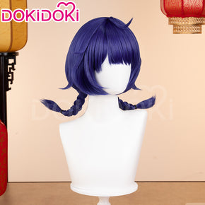 【Ready For Ship】DokiDoki Game Genshin Impact Cosplay Xiang Ling Lantern Rite Wig Short Blue Hair Double Ponytails XiangLing