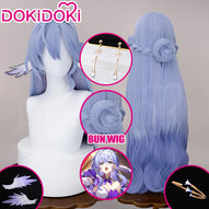 DokiDoki Game Honkai: Star Rail Cosplay Robin Wig Long Curly Blue Gradient Hair / Earring / Ear Feather Hair Clips/ Wreath Headpiece