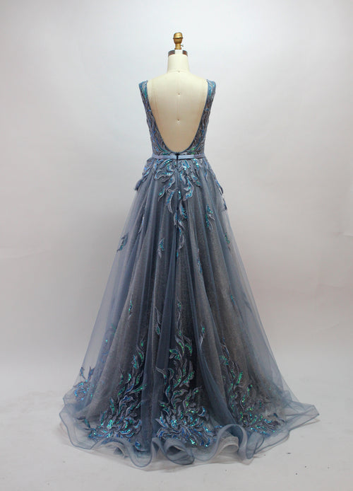 aqua embellished chiffon gown