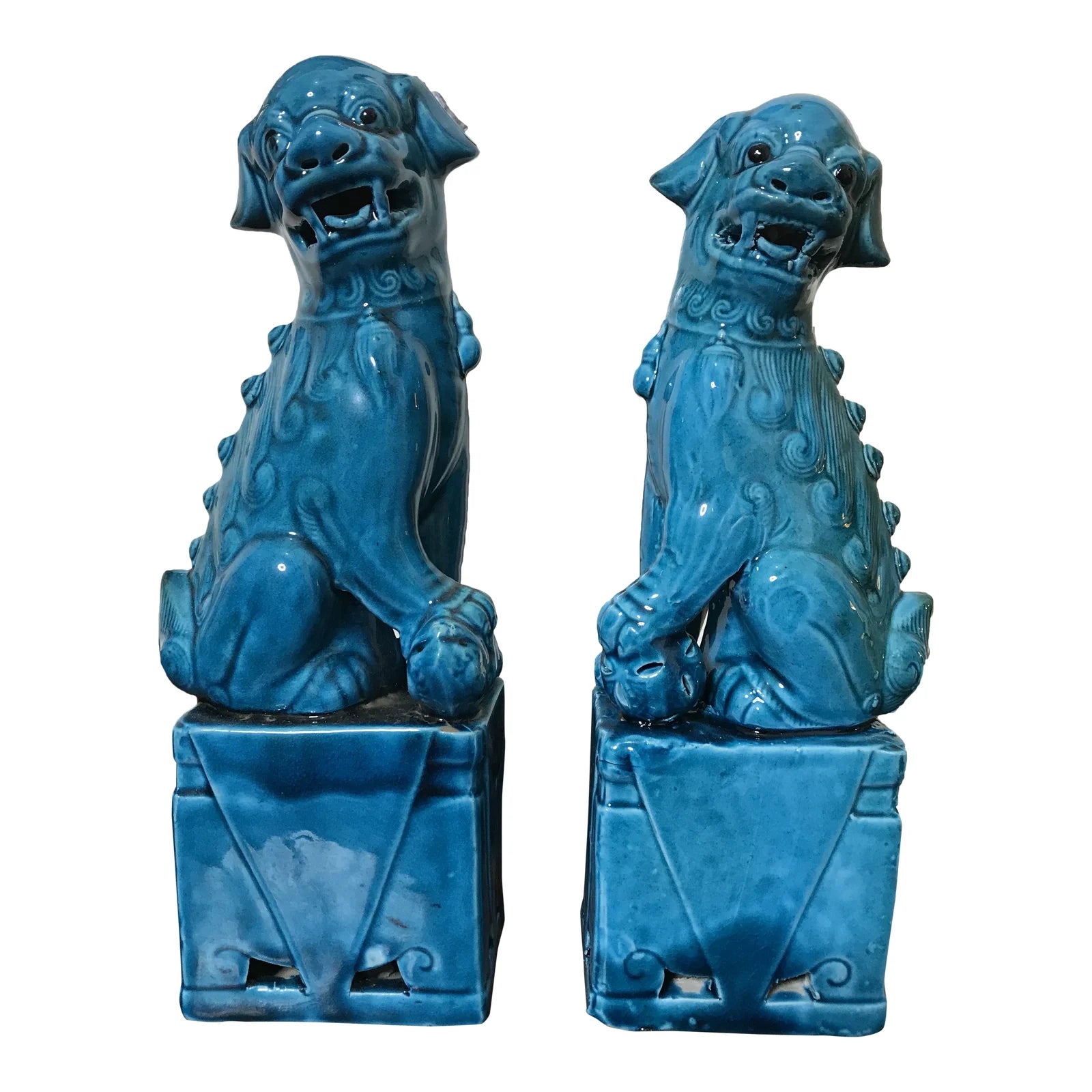 Vintage Chinese Porcelain Turquoise Foo Dogs 10 A Pair Maximalist Style