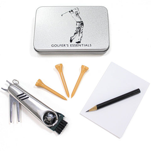 a practical father's day gift for a golfer. a tin containing an array of useful golf items