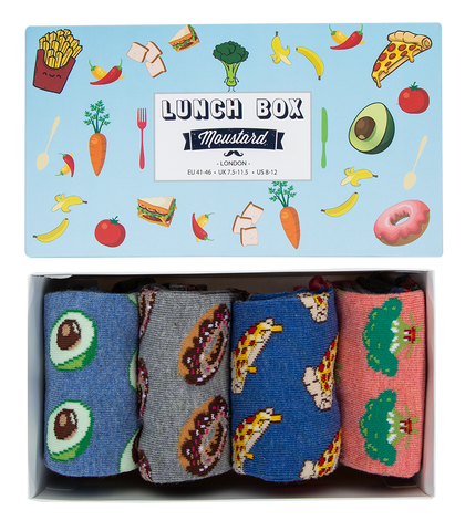 brightly 4 coloured socks in a gift box based on a lunch theme. featuring avocados, pizza, broccoli and doughnuts. 