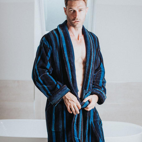 stylish father's day gift of an Egyptian cotton towelling robe with blue stripes