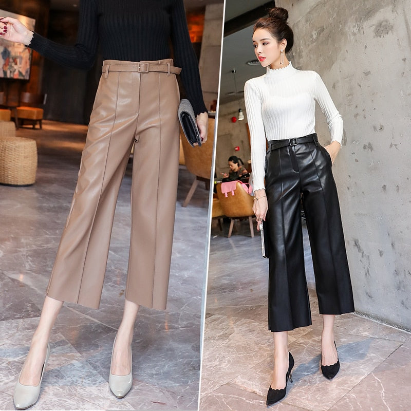 khaki leather pants