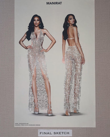 alt="miss universe dress made from recycled aluminum soda tabs"