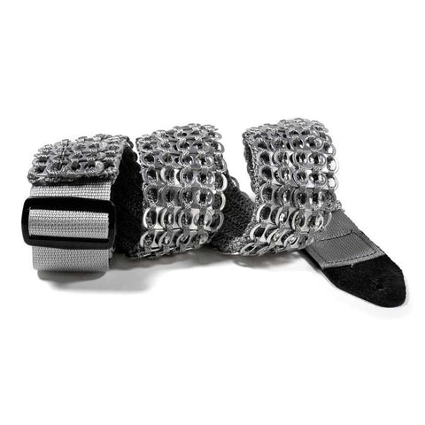 alt="guitar strap studded with soda pop tabs"