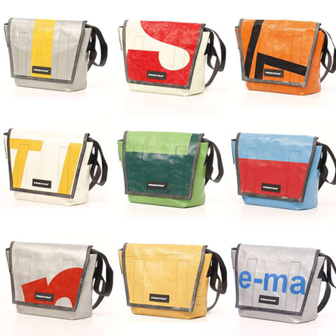 alt="freitag recycled handbags and messenger bags designed from upcycled truck tarps"