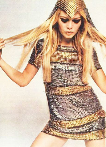 alt="brigitte bardot in paco rabanne retro futurism fashion metal mini- Escama Studio"