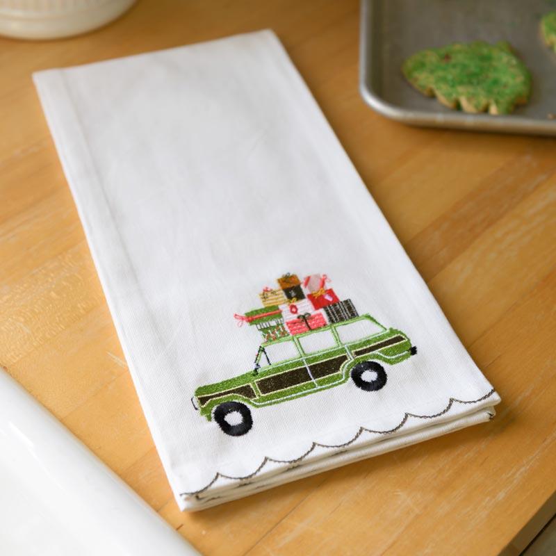 Embroidered tea towels cute bicycle and flowers