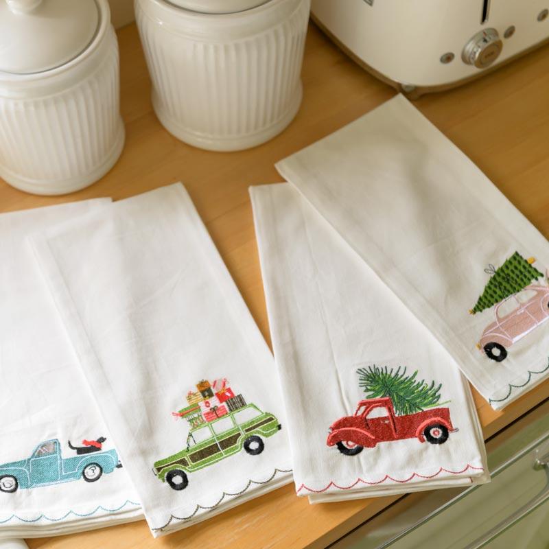 Embroidered tea towels cute flower truck