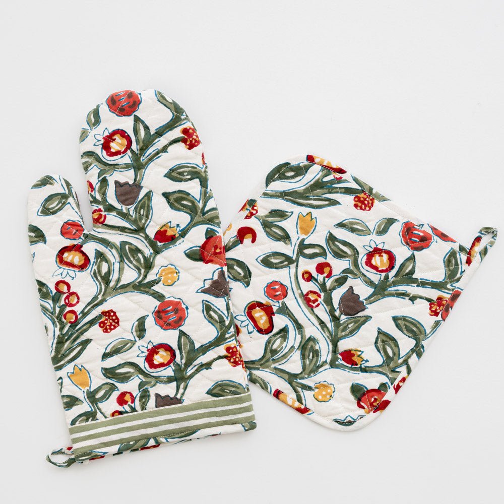 Organic Cotton Quilted And Insulated Double Oven Mitt In Moss Green Floral  Melody Block Print, Kate Austin Designs