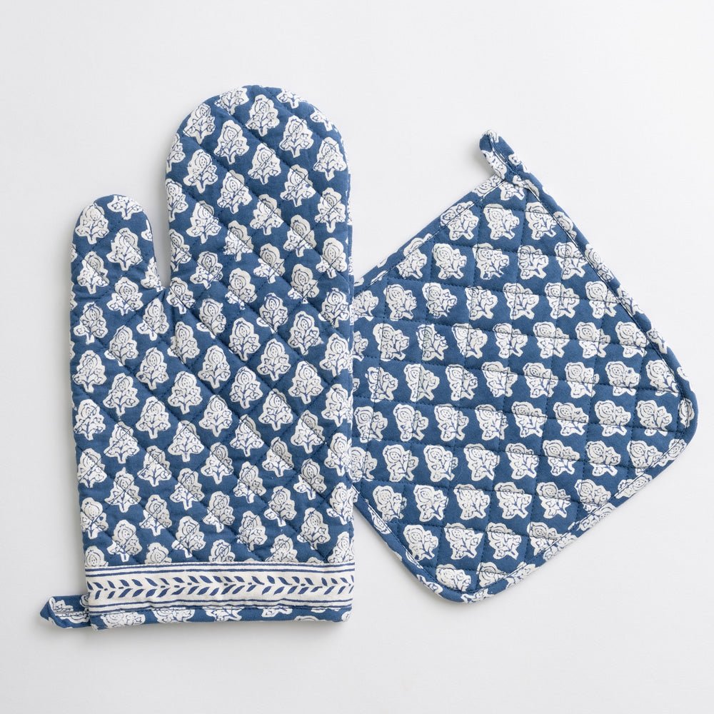 Herbs Floral Indigo Navy Blue Oven Mitts Pot Holders Sets Hot Pads